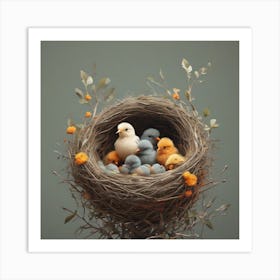 A bird and chicks in its nest 1 Art Print
