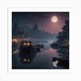 Moonlit City At Night Art Print