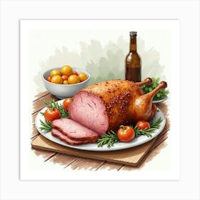 Watercolor Depiction Of A Savory And Hearty Pork Roast On A Cozy Kitchen Table Art Print