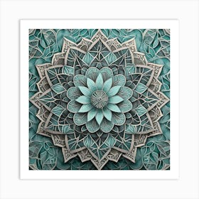 Firefly Beautiful Modern Detailed Floral Indian Mosaic Mandala Pattern In Gray, Teal, Marine Blue, S (1) Art Print