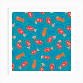 TEEMING Cute Swimming Fish Sea Ocean Creatures in Bright Blue Aqua Turquoise Red Orange Art Print