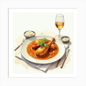 Watercolor Sketch Of A Savory And Aromatic Chicken Curry On A Fine Dining Table Art Print