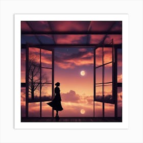 Woman Looking Out Window At Sunset Art Print