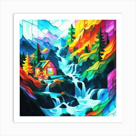 Abstract art stained glass art of a mountain village in watercolor 11 Art Print