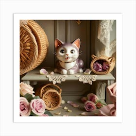 Cat And Roses Art Print