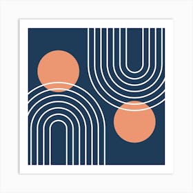 Mid Century Modern Geometric In Navy Blue And Peach (Rainbow And Sun Abstract) 1 Art Print