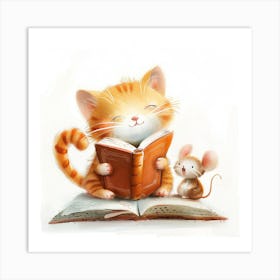 Cat And Mouse Reading A Book Art Print