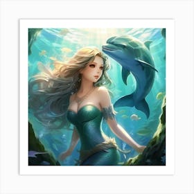 Anime Art, Mermaid and dolphin Art Print