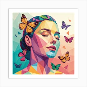 Vibrant Geometric Woman Portrait with Butterflies Art Print