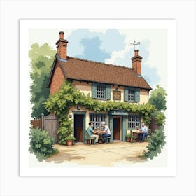 A Quaint Village Pub With Locals Chatting, Captured In Watercolor 1 Art Print