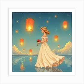 Princess Diana In A Dreamy Watercolor Scene With Floating Lanterns 1 Art Print