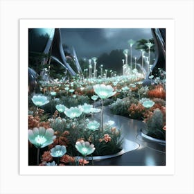 A Futuristic Garden Filled With An Array Of Bioluminescent Flowers In Shades Of Soft Pale Blue Mint Art Print