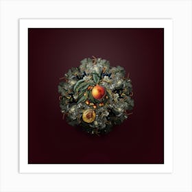 Vintage Peach Fruit Wreath on Wine Red n.0562 Art Print