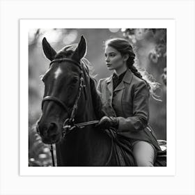 Monochromatic Portrait Of A Woman With Braided Hair Riding A Majestic Stallion Both Horse And Ride Art Print