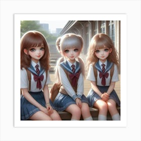 Three Girls In School Uniforms 1 Art Print