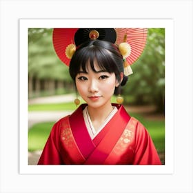 Asian Woman In Red Dress Art Print