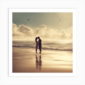 Couple Kissing On The Beach Art Print