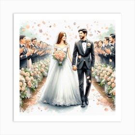 Bride And Groom Walking Down The Aisle Art Print