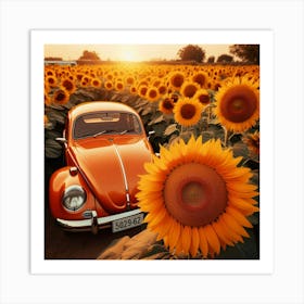 A classic Volkswagen Beetle parked in a field of sunflowers, facing the sunset. Art Print