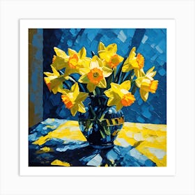 Palette Knife Painting, Daffodils in Glass Vase Art Print