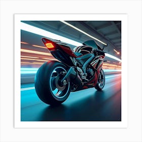 Super Bike With Jet Engine Exhaust And Neon Blue Accents, Racing Fast 1 Art Print