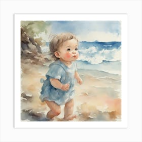 Watercolor Of A Baby On The Beach Art Print