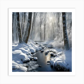 Bridge across the Icy Woodland Stream in Winter Art Print