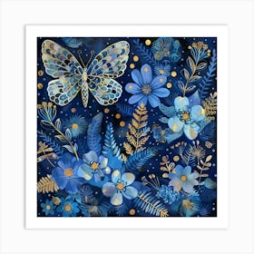 Blue Butterflies And Flowers Art Print