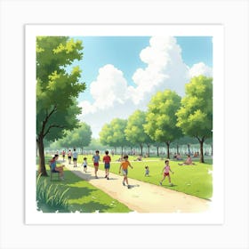 An English City Park With Joggers And Families Enjoying A Sunny Day, Watercolor 1 Art Print