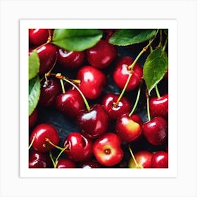 Cherries On Black Background Art Print