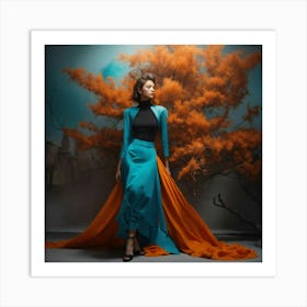 Fashion Model In Orange And Blue Dress Art Print