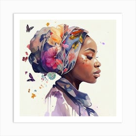 Watercolor Floral Muslim African Woman #1 Art Print