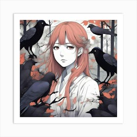 Anime Girl with Forest Crows Art Print