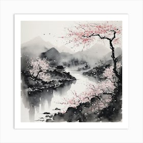 Asian Cherry Blossoms Watercolor Painting Art Print