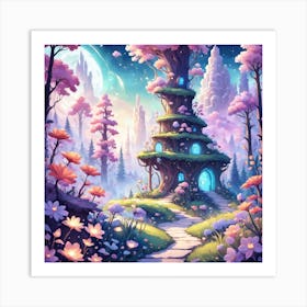 A Fantasy Forest With Twinkling Stars In Pastel Tone Square Composition 114 Art Print