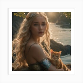 Blonde mermaid cuddles kitten Art Print