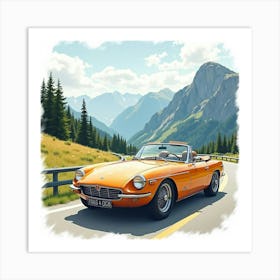 Retro Sports Car With A Picturesque Mountain Road, Watercolor Painting 1 Art Print