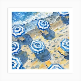 Blue Umbrellas On The Beach 1 Art Print