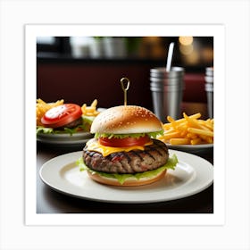 Hamburger And Fries In A Restaurant Art Print