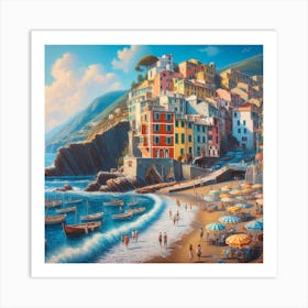 A Day in the Sun: A Realistic and Detailed Painting of a Beach Scene in Cinque Terre Art Print