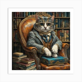 Cat Connoisseur Print Art A Sophisticated Cat In Glasses, Reclining In A Cozy Chair Surrounded By Books, Exuding An Air Of Refined Elegance Art Print