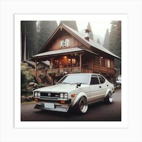 A 1981 White Toyota Corolla Gli Twin Cam With Full Body Kit In Front Of A Cabin House 3 Art Print