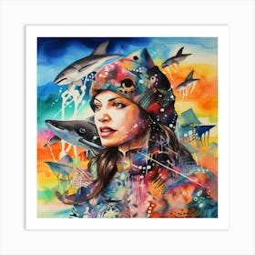 Girl With Dolphins Art Print