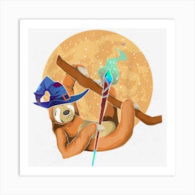 Halloween Zoo Animal Full Moon Witch Hat Tropical Sloth Art Print