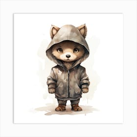 Watercolour Cartoon Wolf In A Hoodie 3 Art Print