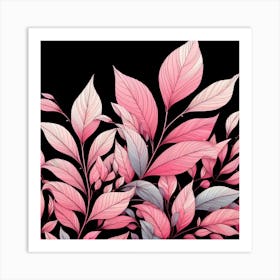 Pink Leaves On Black Background Art Print