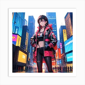 A Cyberpunk Girl With A Cool Gaze, Standing Amidst The Towering Buildings Of A Futuristic City Art Print