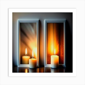 Two candles are lit next to a mirror with a wooden frame that says candle Art Print