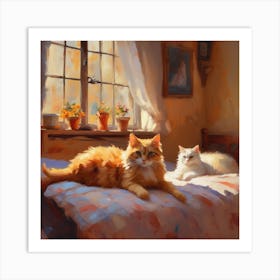 Two Cats On A Bed Art Print