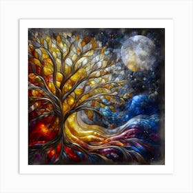 Portrait Of An Abstract Tree Of Life With Cosmic Connection - Stained Glass Technique With Stone Work. Art Print